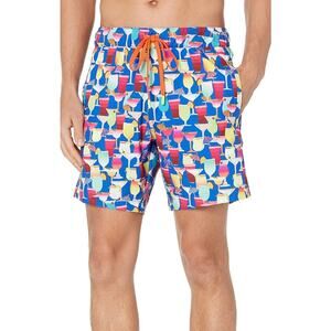 Robert Graham Blue Multi Poolside Drinks Drawstring Swim Trunks 40 Men Beach